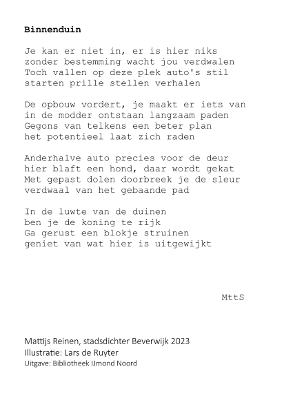 Achterzijde ansichtkaart met met gedicht Binnenduin door Mattijs Reinen