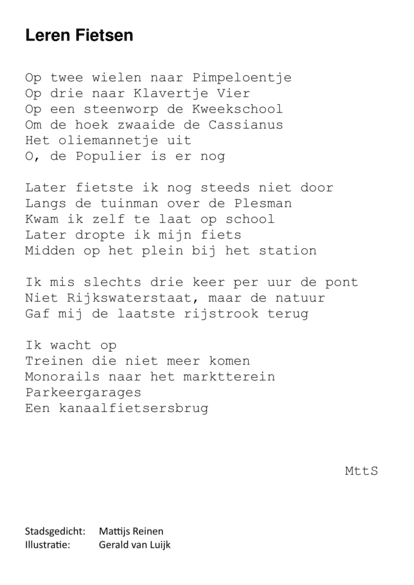 Achterzijde ansichtkaart met met gedicht Leren Fietsen door Mattijs Reinen